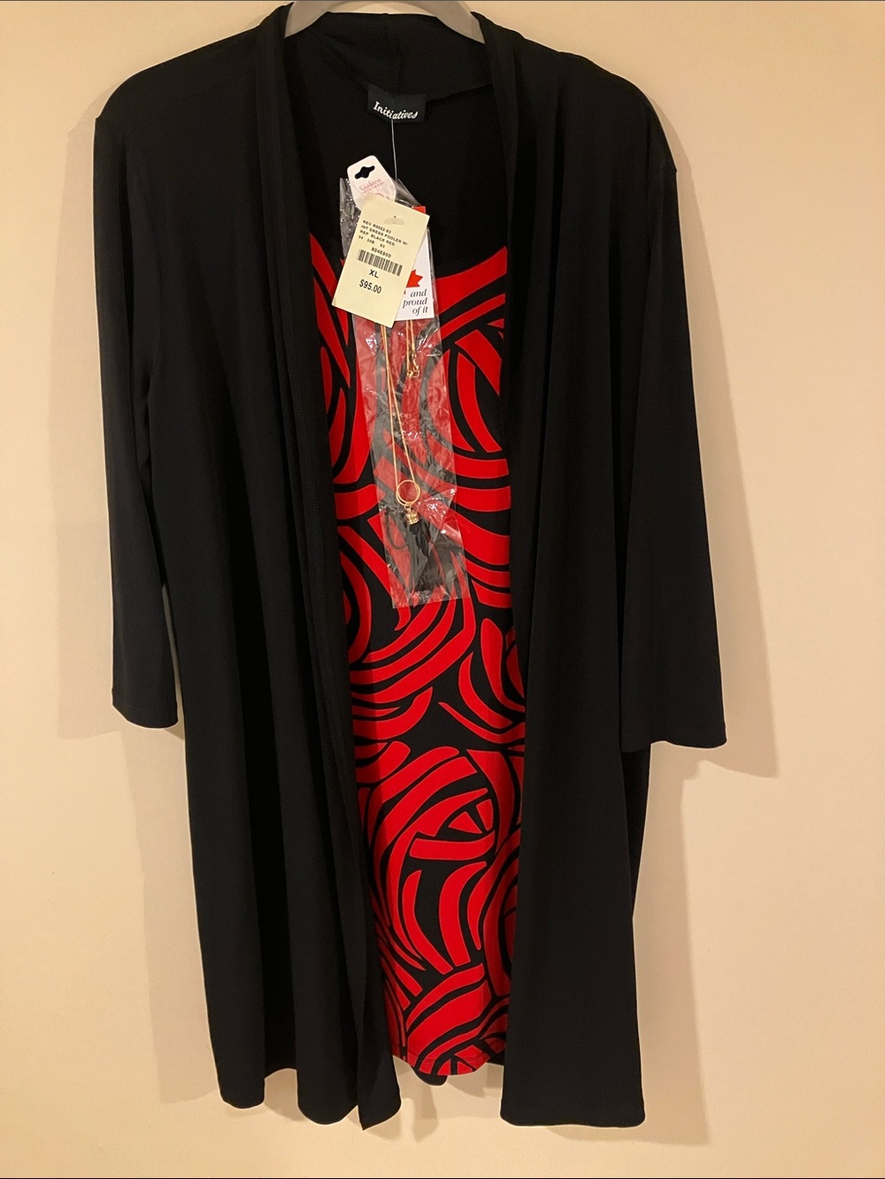 NWT Red & Black Midi Dress with Attached Black Fooler Sweater